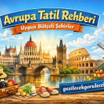 Colorful travel poster advertising budget-friendly European city breaks with landmarks, airplane, hot air balloon, and luggage key scene.