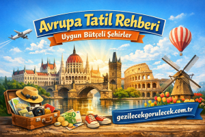 Colorful travel poster advertising budget-friendly European city breaks with landmarks, airplane, hot air balloon, and luggage key scene.