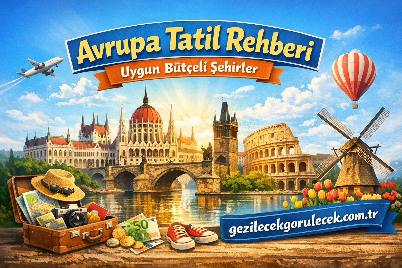 Colorful travel poster advertising budget-friendly European city breaks with landmarks, airplane, hot air balloon, and luggage key scene.