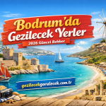 Promotional banner for Bodrum sights showing a windmill on a rocky promontory, castle ruins, turquoise sea, a sailboat, and a sunny beach with umbrellas in the background; bold Turkish title plates the scene.