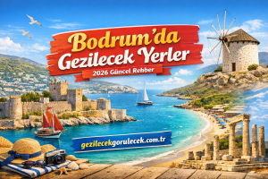 Promotional banner for Bodrum sights showing a windmill on a rocky promontory, castle ruins, turquoise sea, a sailboat, and a sunny beach with umbrellas in the background; bold Turkish title plates the scene.