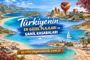 Promotional poster for Turkey’s beaches and coastal towns, showing a blue bay, sailboat, and colorful hot air balloon with historic ruins and blooming flowers.
