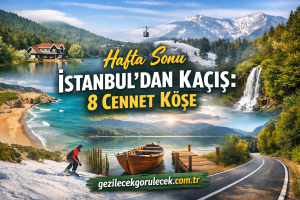 Promo image for a weekend escape from Istanbul to 8 heavenly corners, showing mountains, lake, beach, boat, and road.