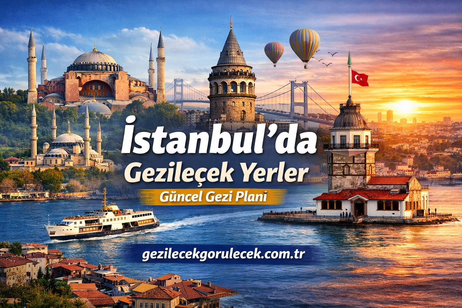 Istanbul travel collage with Hagia Sophia, Galata Tower, Bosphorus bridge, balloons, and ferry at sunset by the city skyline.