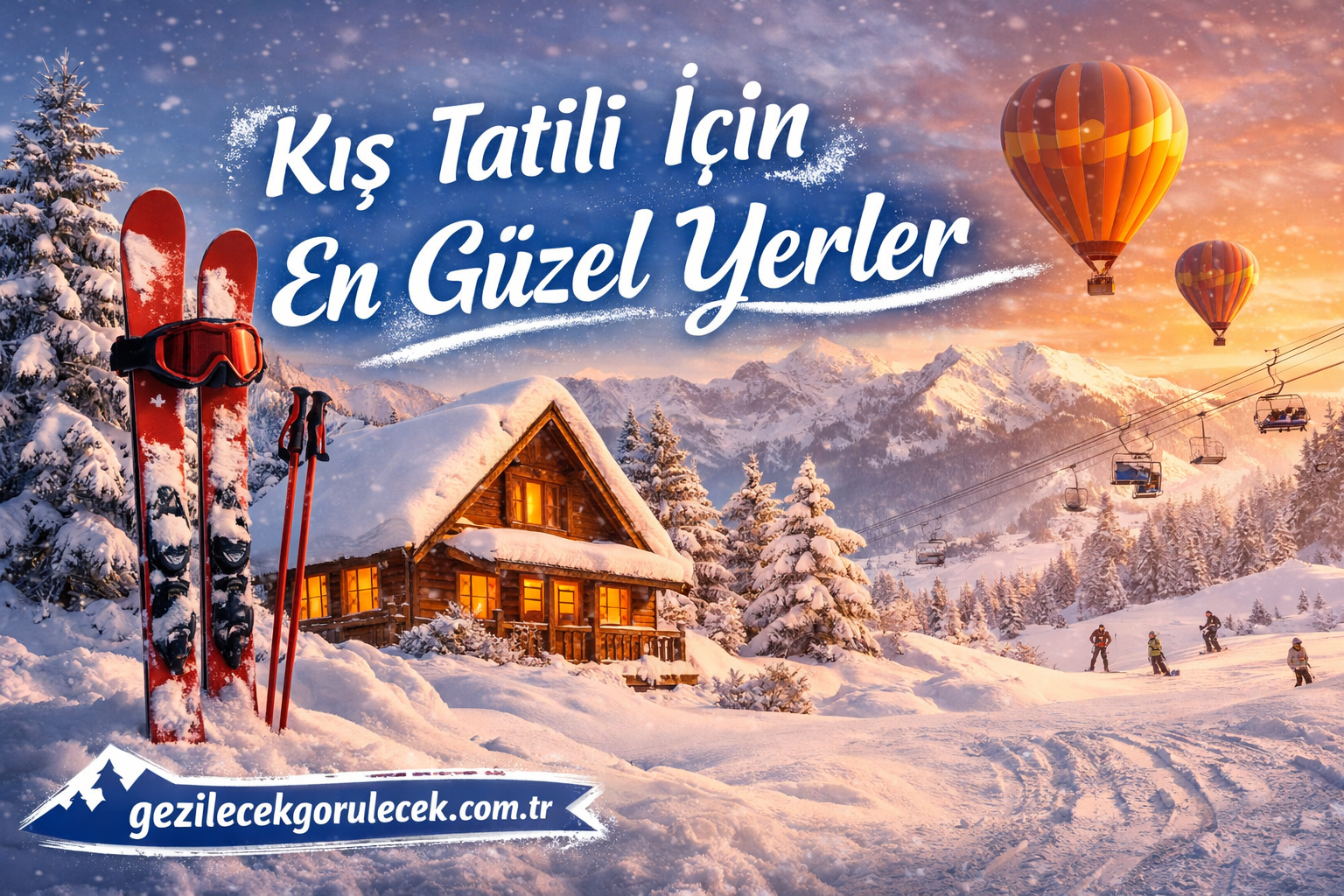 Snowy mountain resort with skis in the foreground, a cozy lit chalet, and hot air balloons at sunset, over Turkish text about winter vacation spots.
