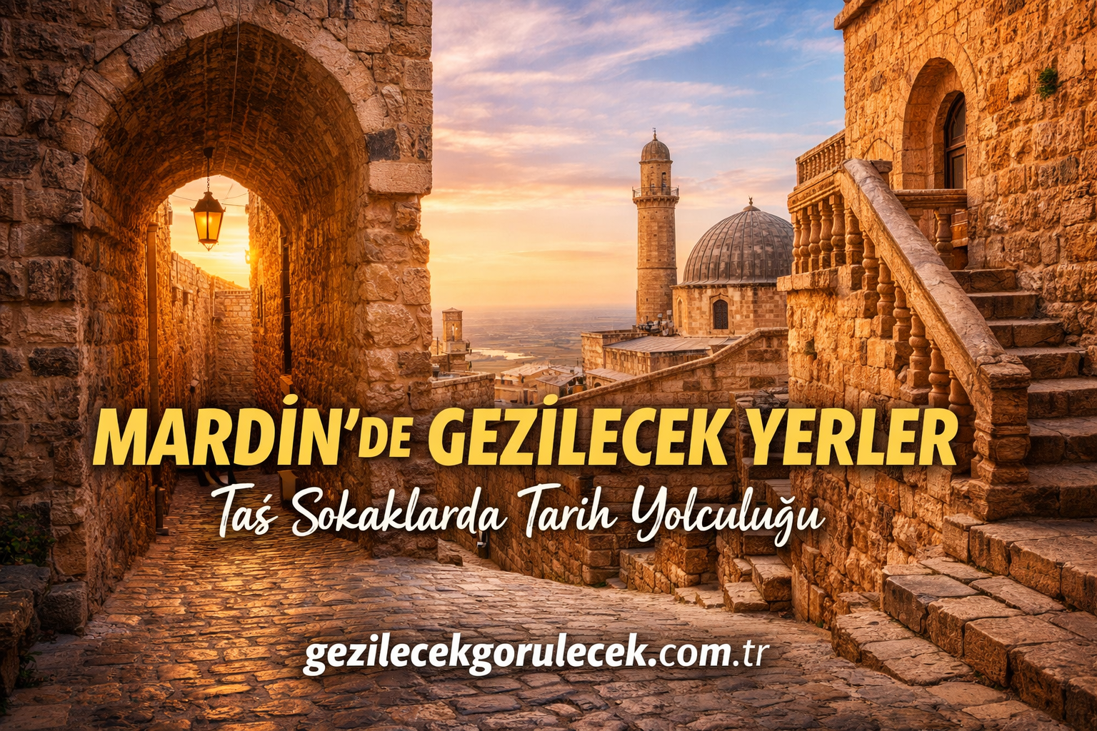 Promotional travel banner: sunset over Mardin’s stone streets, arches and dome with bold Turkish title and gezilecekgorulecek.com.tr URL.