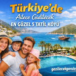 Family of four smiles at a seaside resort in Turkey, advertising the top 5 vacation villages (Türkiye'de Ailecek Gidecek En Güzel 5 Tatil Köyü). Substitute version without Turkish text for screen readers: Happy family by pool with beach and parasail in Turkey.