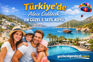 Family of four smiles at a seaside resort in Turkey, advertising the top 5 vacation villages (Türkiye'de Ailecek Gidecek En Güzel 5 Tatil Köyü). Substitute version without Turkish text for screen readers: Happy family by pool with beach and parasail in Turkey.