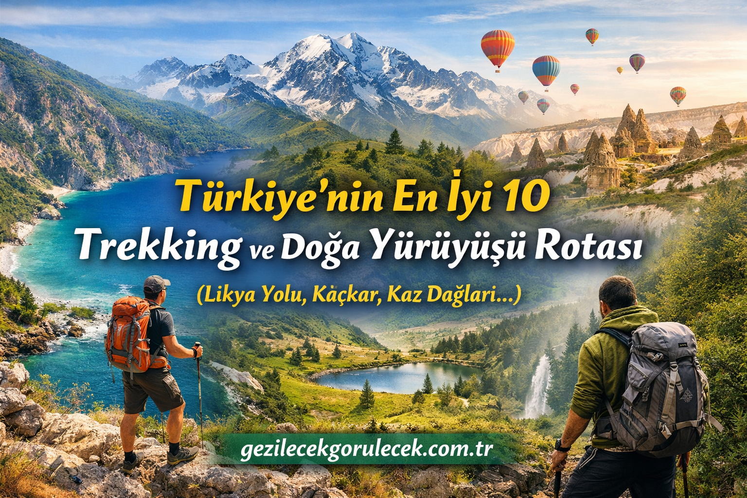 Poster promoting Türkiye's top 10 trekking and nature walks, showing hikers overlooking a valley with mountains and lakes; includes the text 'Türkiye'nin En İyi 10 Trekking ve Doğa Yürüyüşü Rotası' and 'gezilecekgorulecek.com.tr'