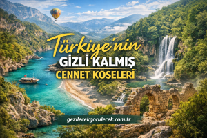Turquoise bay with a boat, lush cliffs, a waterfall, and ancient stone arches under a travel promo text in Turkish.