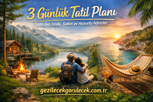 Couple sitting by a sunset-lit lake with a hammock and campfire, promoting a 3‑day vacation plan — gezilecekgorulecek.com.tr