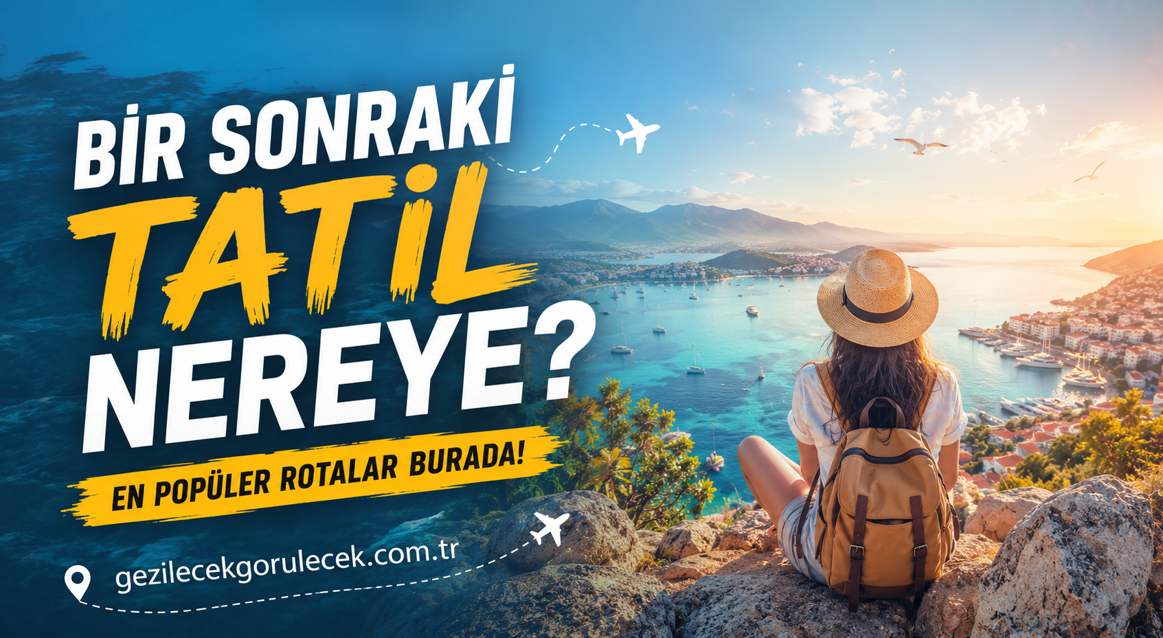 Turkish travel promo banner: text 'BİR SONRAKİ TATİL NEREYE?' and 'EN POPÜLER ROTALAR BURADA!' over a coastal, sunset scene; woman with backpack overlooks the bay. URL gezilecekgorulecek.com.tr visible.