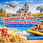 Family on a sunny beach building sandcastles while a yellow raft and a dolphin splash in the water, with a fairytale castle and hot air balloon in the sky behind them.