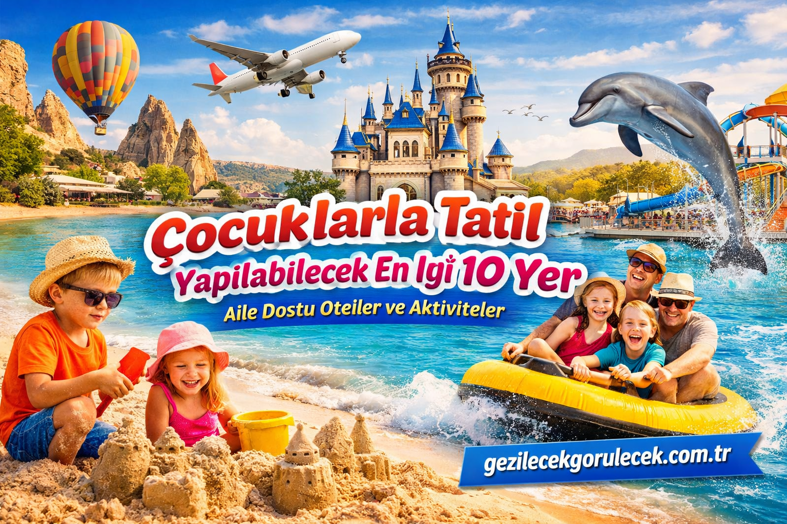 Family on a sunny beach building sandcastles while a yellow raft and a dolphin splash in the water, with a fairytale castle and hot air balloon in the sky behind them.