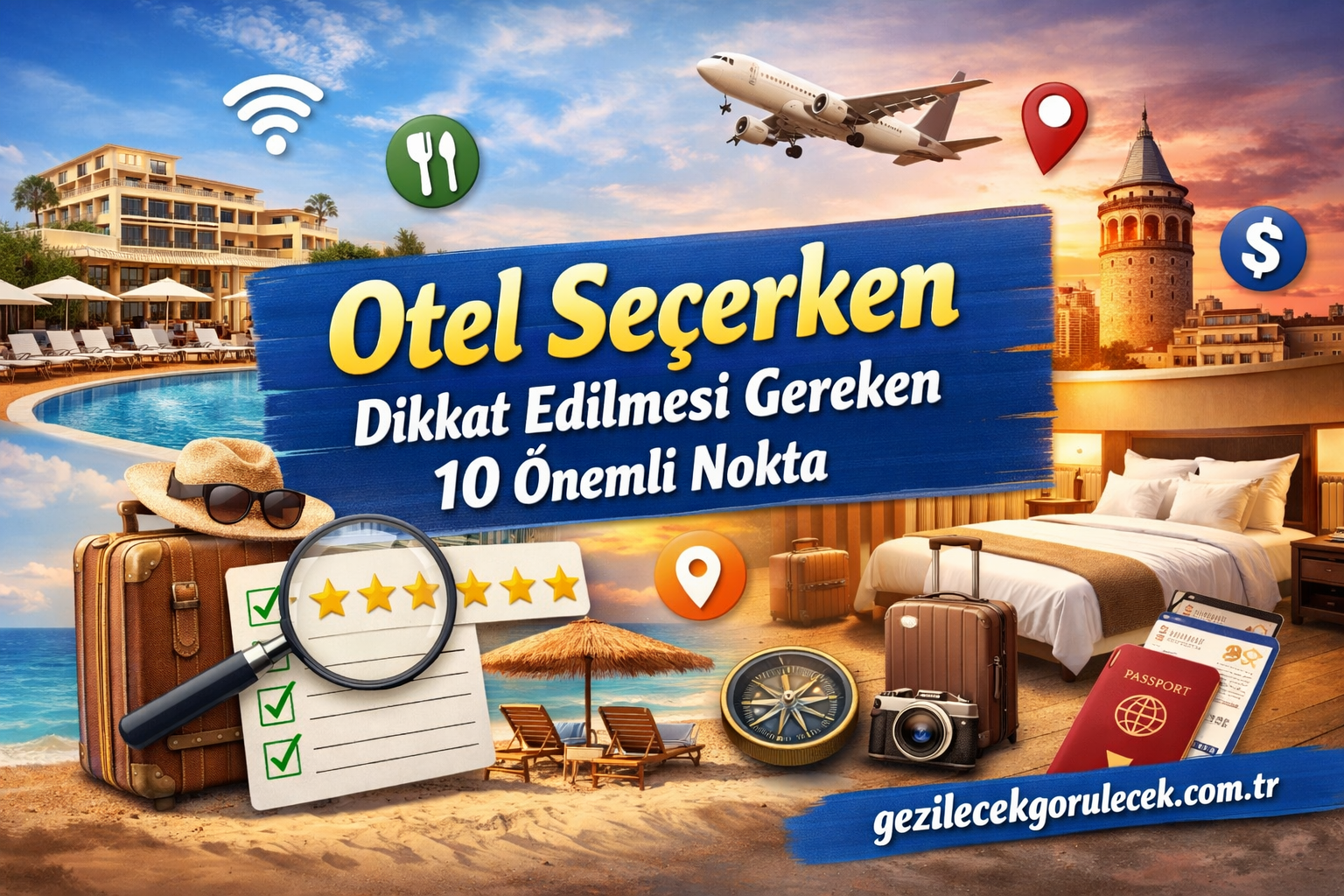 Travel tips banner about choosing a hotel; collage includes plane, beach, luggage, passport, checklist and icons (in Turkish). Warns about 10 key points.