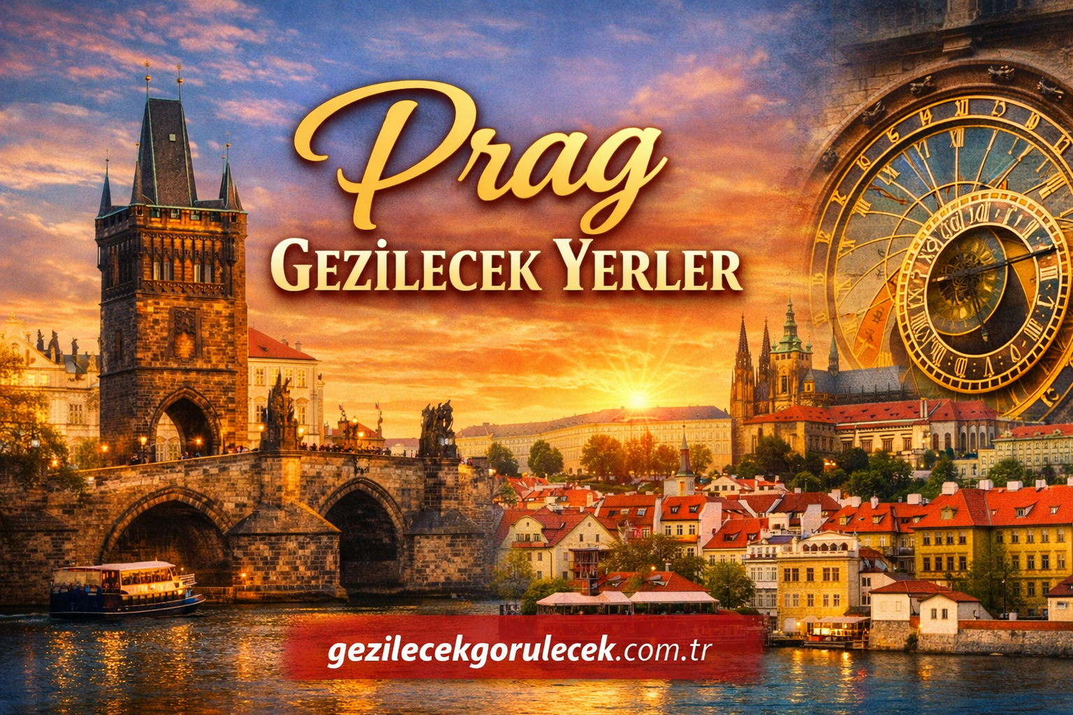 Prague sunset skyline with Charles Bridge and the astronomical clock; Turkish title 'Prag Gezilecek Yerler' and site gezilecekgorulecek.com.tr