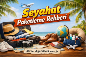 Seyahat Paketleme Rehberi başlığıyla, valiz içinde giysiler ve seyahat malzemeleriyle plaj ortamı.
