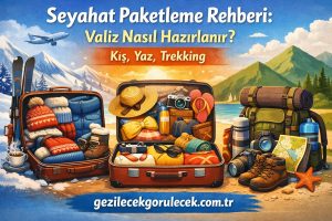 Açık valizler dolu bir seyahat hazırlığı afişi; kış ve yaz giysileri, kamp malzemeleri, kamera ve harita ile dağ ve plaj manzarası önünde.
