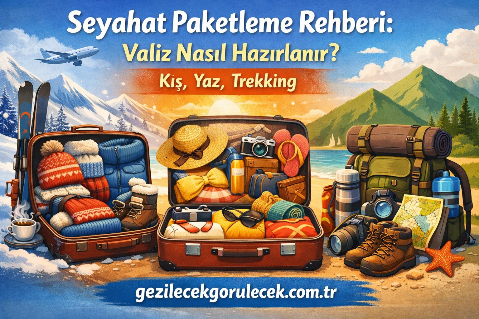 Açık valizler dolu bir seyahat hazırlığı afişi; kış ve yaz giysileri, kamp malzemeleri, kamera ve harita ile dağ ve plaj manzarası önünde.