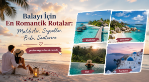 Couple on a sunset beach with a collage of tropical destinations: Maldives, Seychelles, Bali, and Santorini (romantic travel banner).