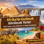 Turkish travel poster collage promoting Africa—wildlife, pyramids, waterfalls, and landscapes with the title 'Afrika'da Gezilecek Görülecek Yerler'.