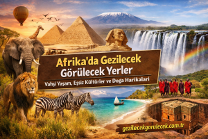 Turkish travel poster collage promoting Africa—wildlife, pyramids, waterfalls, and landscapes with the title 'Afrika'da Gezilecek Görülecek Yerler'.