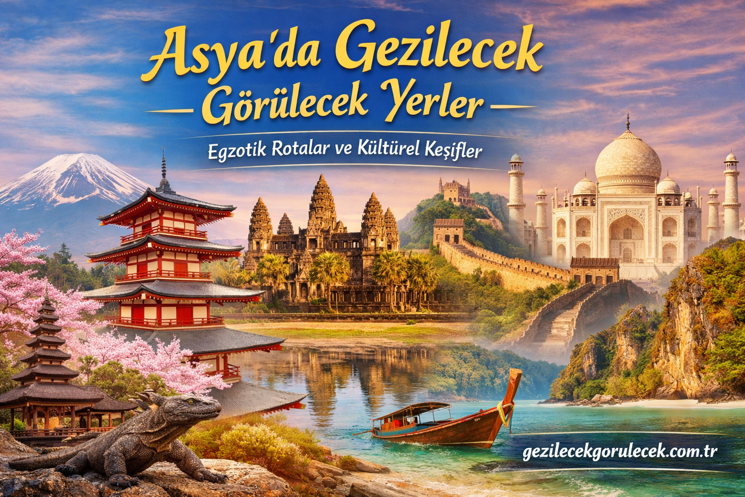 Travel poster showing iconic Asian landmarks and a boat on turquoise water with cherry blossoms and a mountain backdrop, promoting travel in Asia.