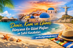 Vibrant travel collage showing a sunny beach, turquoise water, overwater bungalows and blue-domed buildings with Turkish headline about beaches and coastal towns, plus a site URL banner.