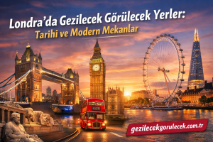 Turkish travel banner showing London landmarks at sunset: Tower Bridge, Big Ben, London Eye, a red double-decker bus, and a website URL.