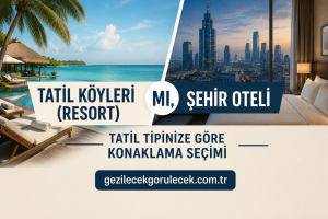 Split ad contrasting a tropical resort pool on the left with a city hotel room skyline on the right, with Turkish travel text and site gezilecekgulecek.com.tr