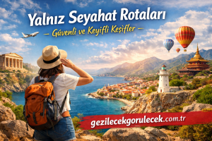 Traveler with orange backpack and sun hat overlooks a rocky coast with balloons, lighthouse, and temple; gezilecekgorulecek.com.tr