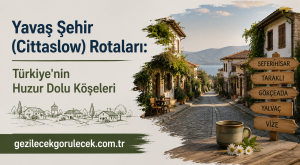 Promotional banner for Yavaş Şehir tours with a cobblestone street, village houses, and wooden signposts showing town names, plus a coffee cup on a table.
