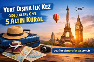 Advertisement image promoting international travel rules: suitcase with hat, maps, camera, Eiffel Tower and Big Ben at sunset; Turkish text and travel site gezilecekgorulecek.com.tr