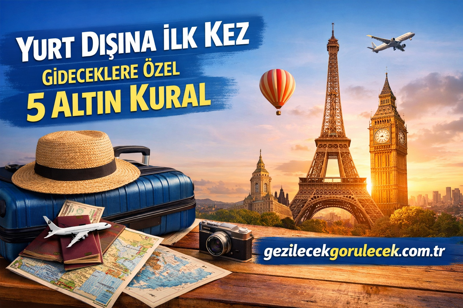 Advertisement image promoting international travel rules: suitcase with hat, maps, camera, Eiffel Tower and Big Ben at sunset; Turkish text and travel site gezilecekgorulecek.com.tr