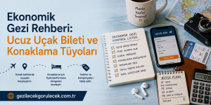 Budget travel tips banner with Turkish headline 'Ekonomik Gezi Rehberi: Ucuz Uçak Bileti ve Konaklama Tüyoları', checklist notebook, flight-search app on a phone, map, camera and tickets on a blue wooden surface.
