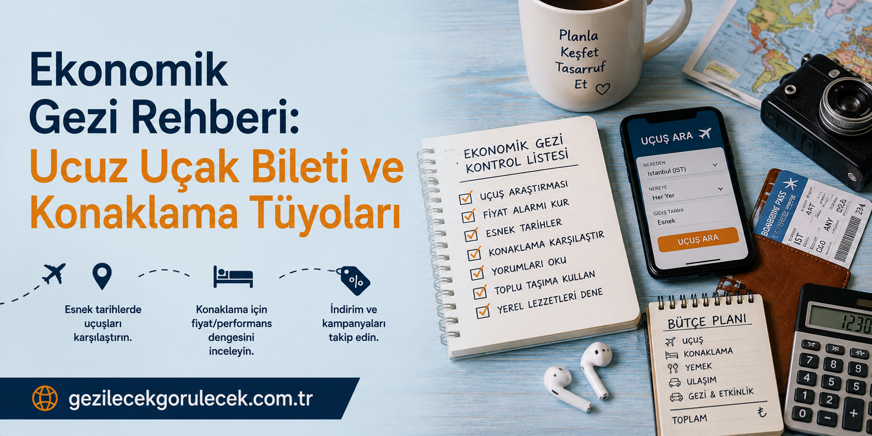 Budget travel tips banner with Turkish headline 'Ekonomik Gezi Rehberi: Ucuz Uçak Bileti ve Konaklama Tüyoları', checklist notebook, flight-search app on a phone, map, camera and tickets on a blue wooden surface.