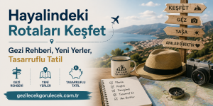 Deniz kıyısında ayrıntılı seyahat afişi; ahşap işaretleriyle Keşfet ve Yaşa yazıları, kamera ve not defteriyle masa üzerinde temaya vurgu yapıyor.