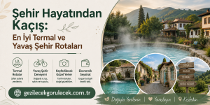 Promotional banner for Turkish travel: left text reads 'Şehir Hayatından Kaçış: En İyi Termal ve Yavaş Şehir Rotaları' with icons; right shows circular photos of a thermal pool, a stone village street, and a signpost among hills.