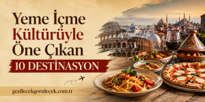 Promotional banner for Turkish cuisine destinations with pizza, pasta, bowls of meze, wine, and a cityscape backdrop; includes Turkish text and a website URL.