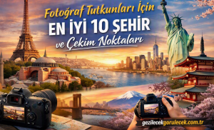 Travel collage promoting photography: iconic landmarks (Eiffel Tower, Statue of Liberty, NYC skyline) with two cameras and a map in the foreground, banner text in Turkish.